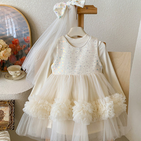 Vestido Infantil de Tul Brillante + Lazo