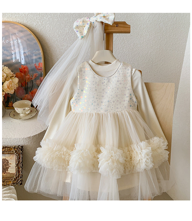 Vestido Infantil de Tul Brillante + Lazo