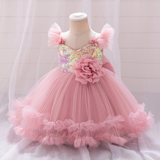 Vestido Infantil Flores Tul Brillante
