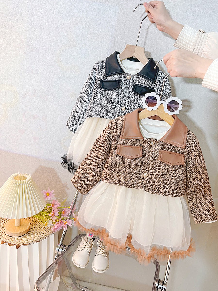 Vestido infantil de tweed y polipiel