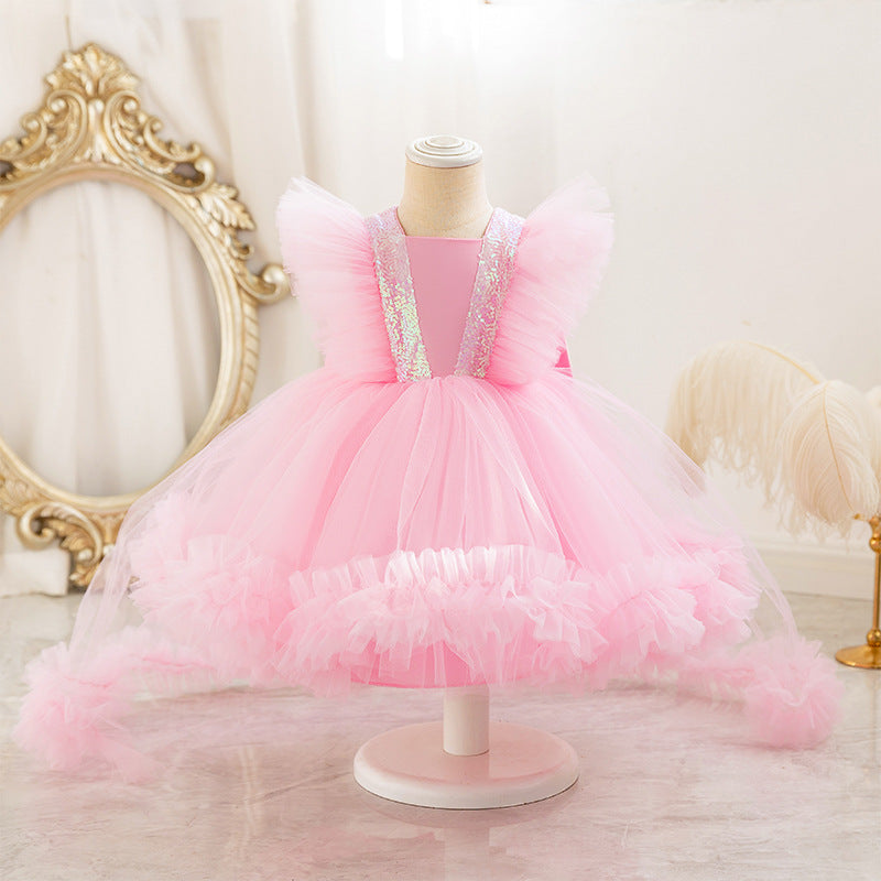 Vestido de Fiesta Infantil de Tul Brillante y Lazo