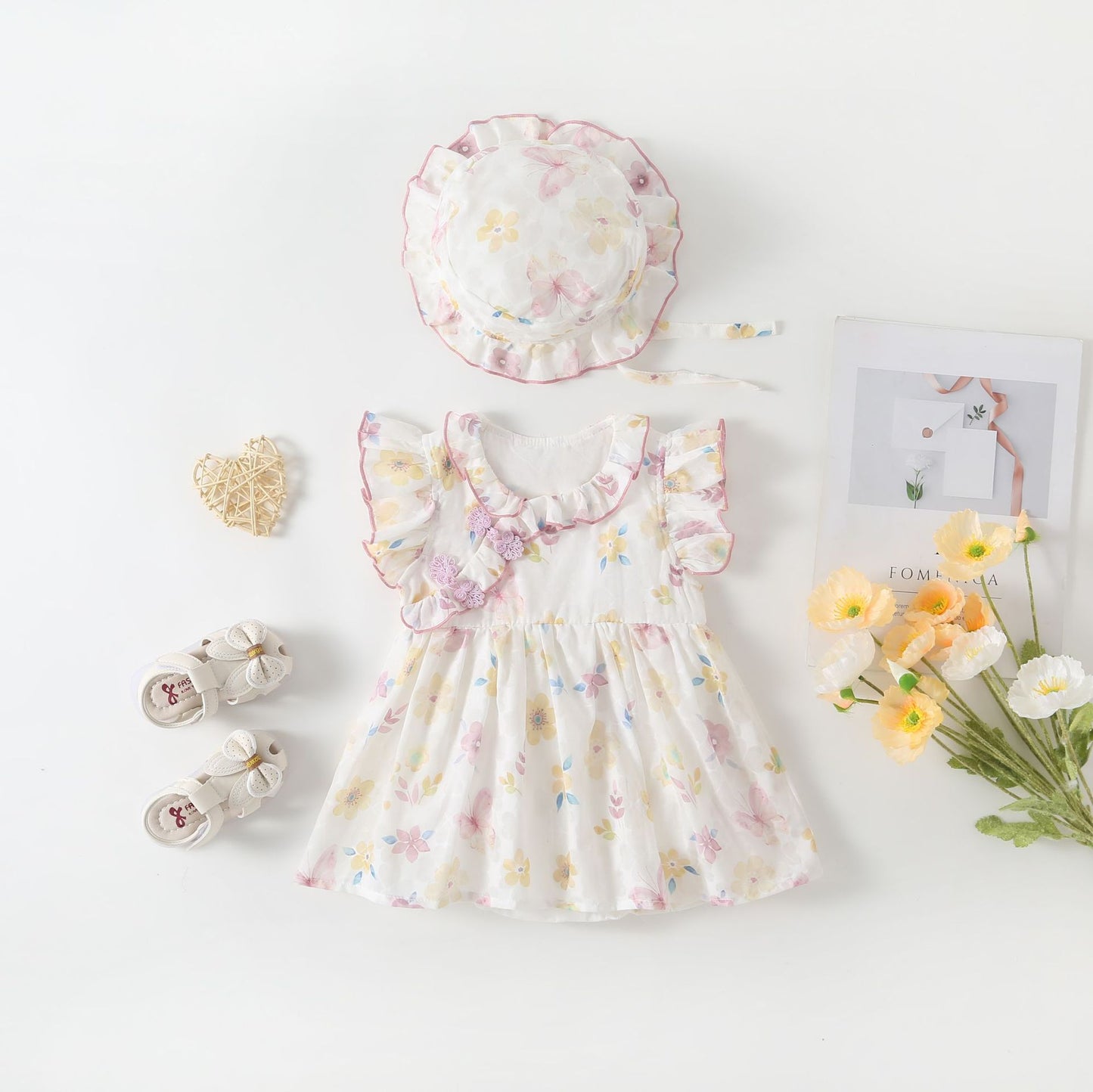 Vestido Infantil Floral de Verano con Gorro