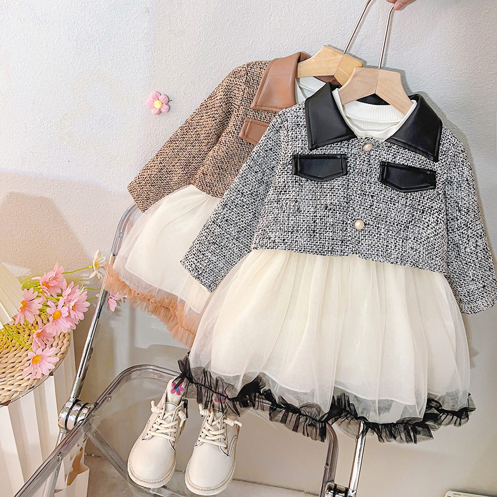 Vestido infantil de tweed y polipiel