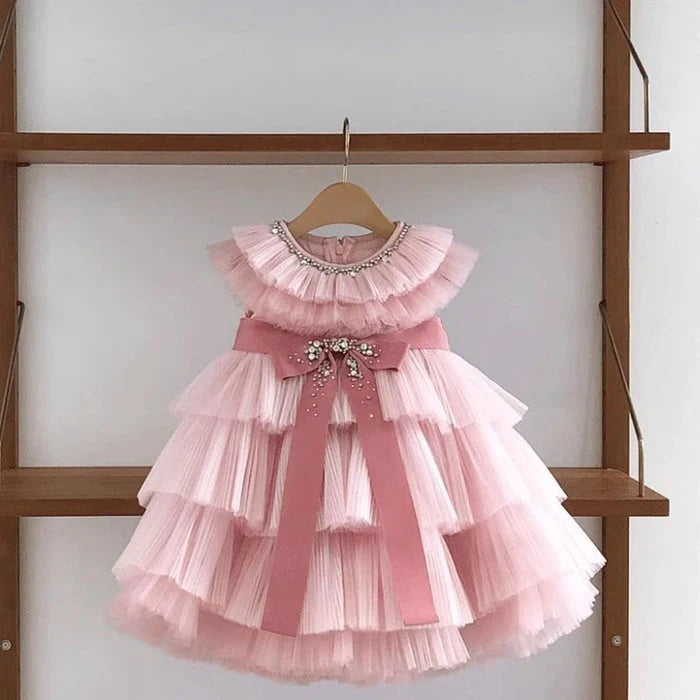 Vestido Infantil de Tul con Lazo Brillante