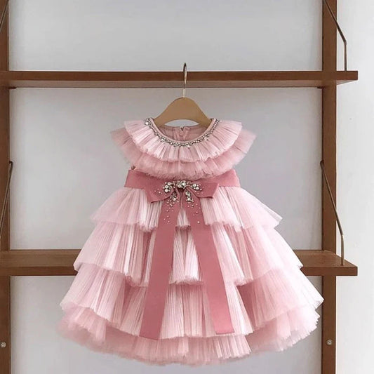 Vestido Infantil de Tul con Lazo Brillante