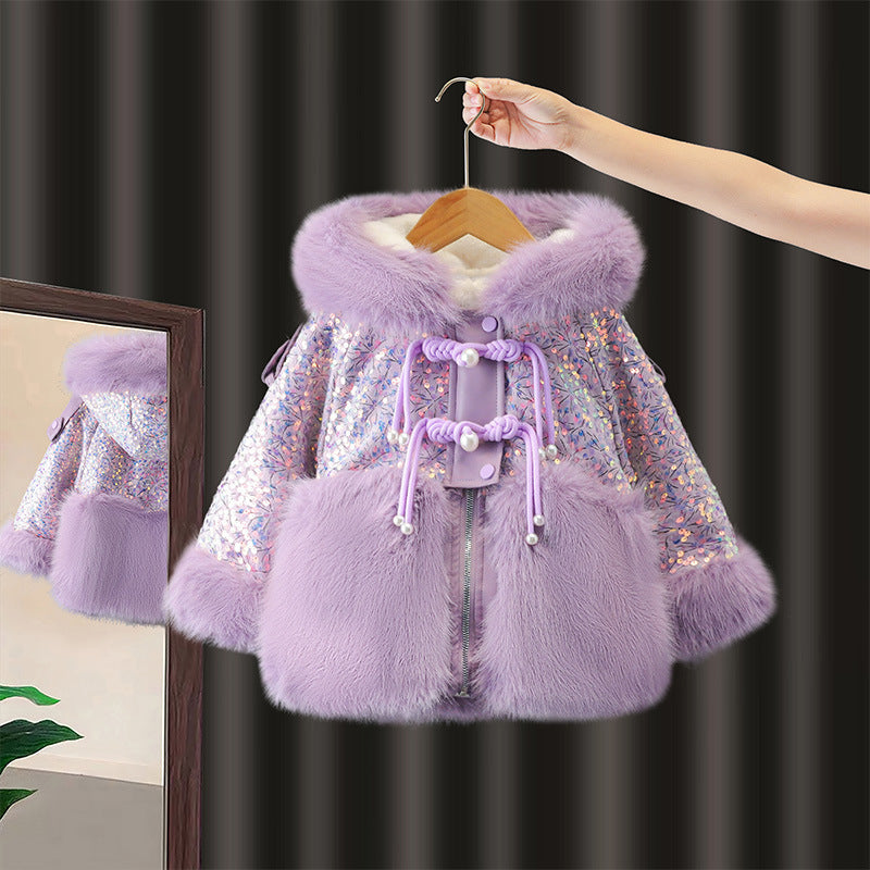 Chaqueta infantil de plumas brillantes para niña