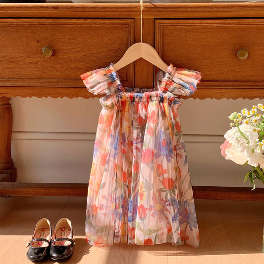 Vestido infantil de tul con flores