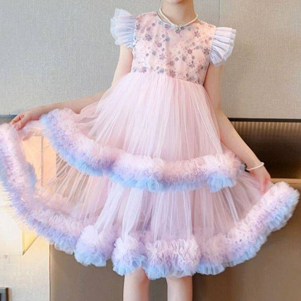 Vestido de fiesta floral de tul escalonado