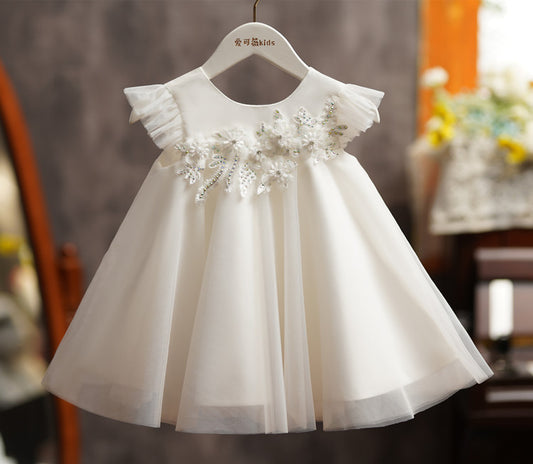 Vestido Infantil Blanco con Flores y Lazo