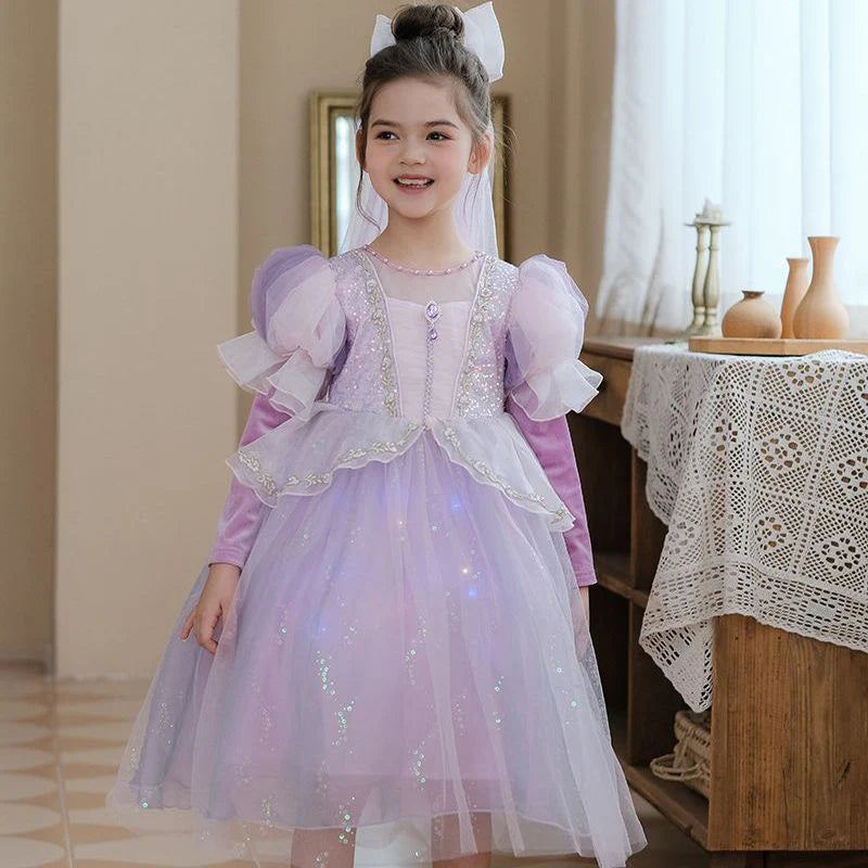 Vestido Infantil Princesa de Manga Larga Brillante