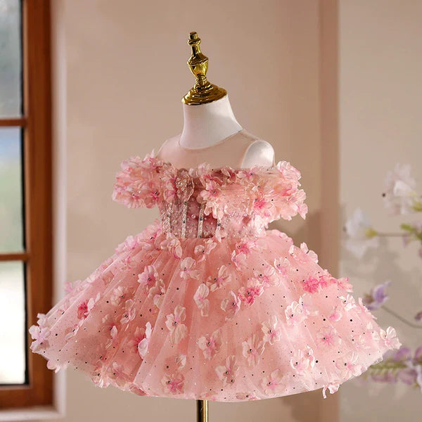 Vestido Infantil de Fiesta Rosa con Flores