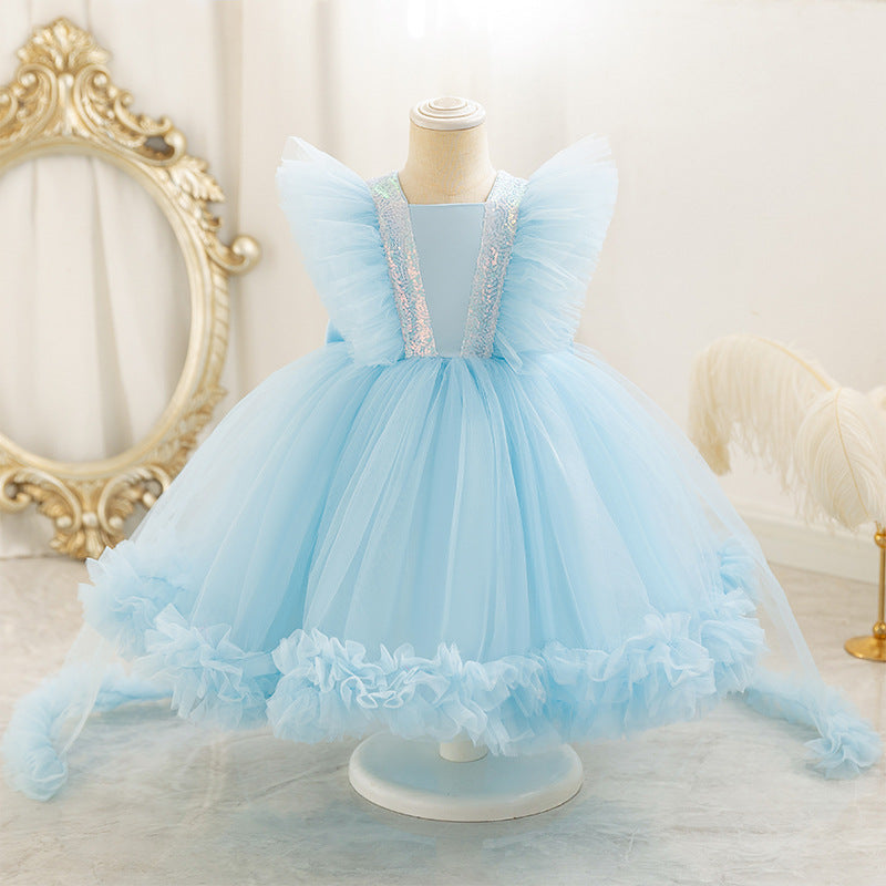 Vestido de Fiesta Infantil de Tul Brillante y Lazo