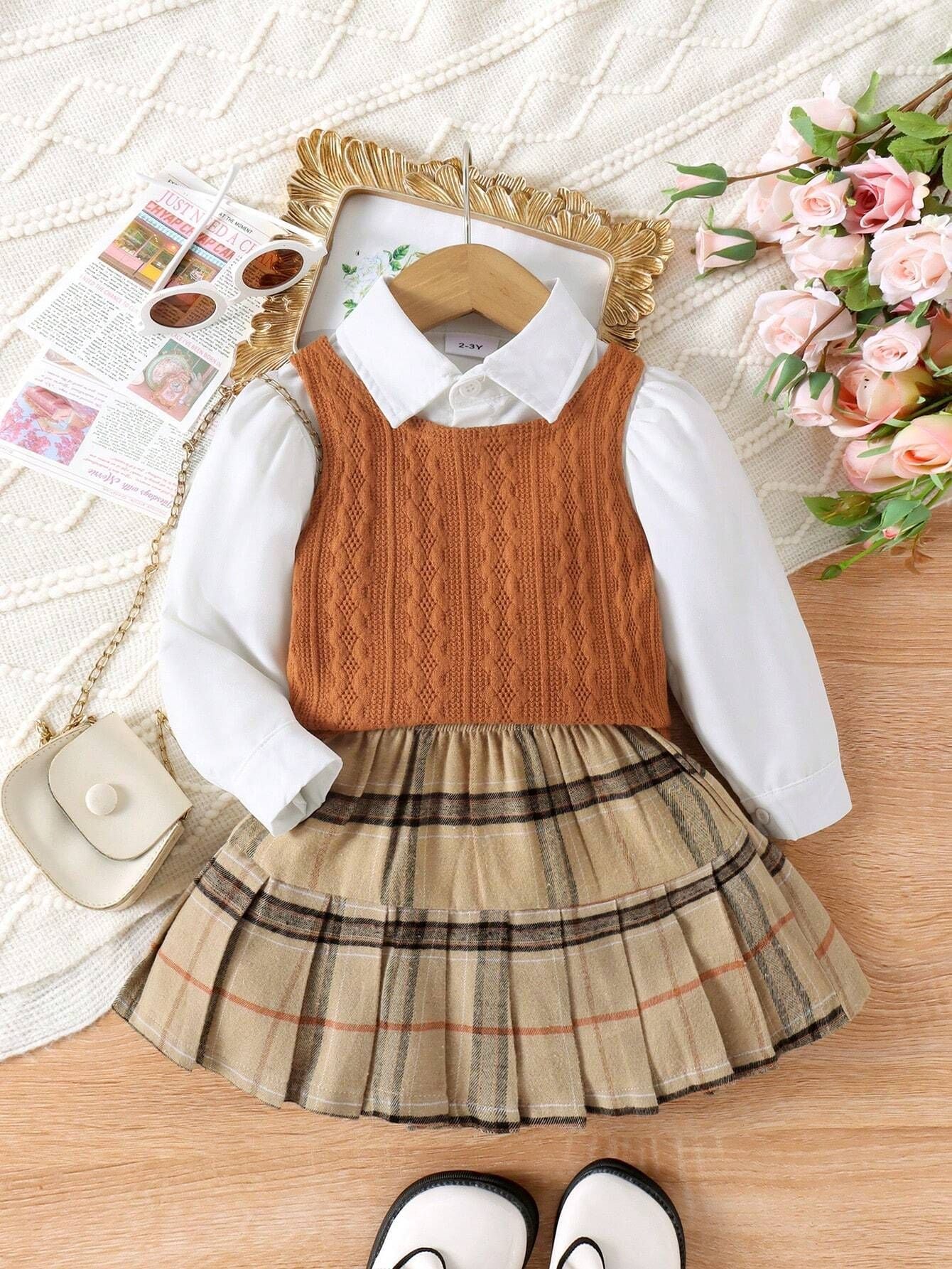 Conjunto de 3 piezas para niña: chaleco y falda