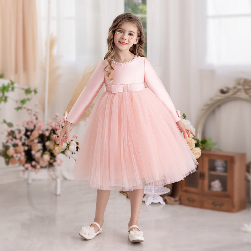 Vestido Infantil Manga Larga Lazo y Perlas