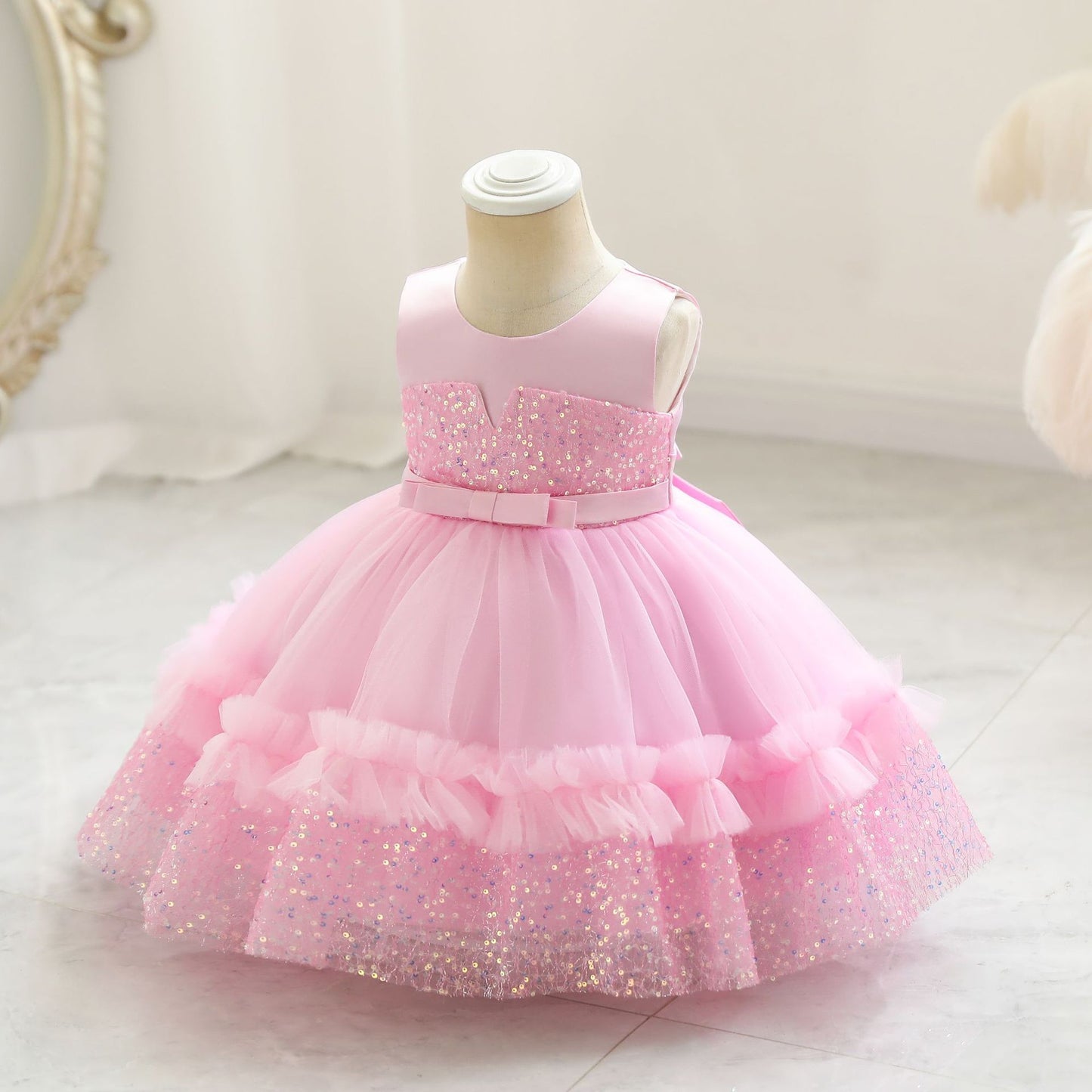 Vestido de Fiesta Infantil de Tul Brillante y Lazo