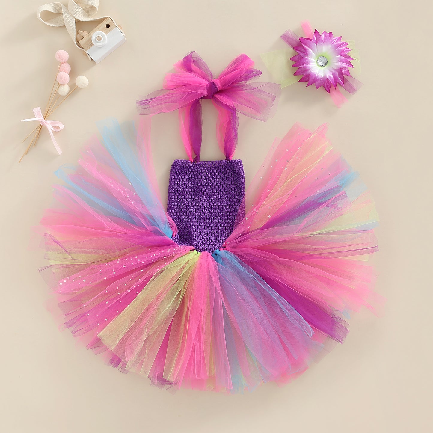 Vestido Infantil + Fajín Tul Colores y Morado