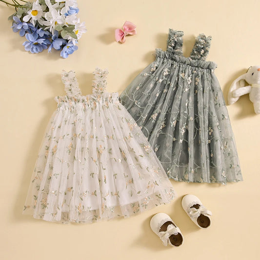 Vestido Infantil de Tul con Flores Bordadas