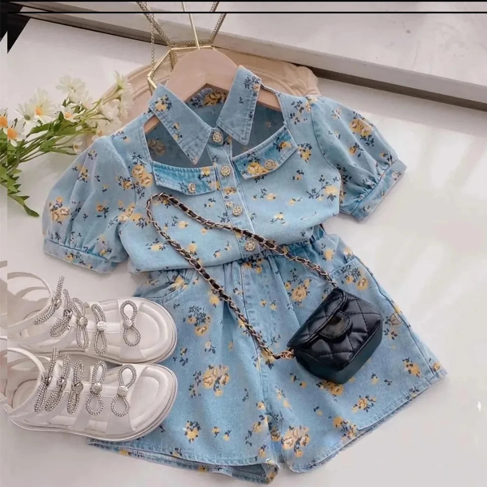 Conjunto Infantil de Jeans Florales para Niñas