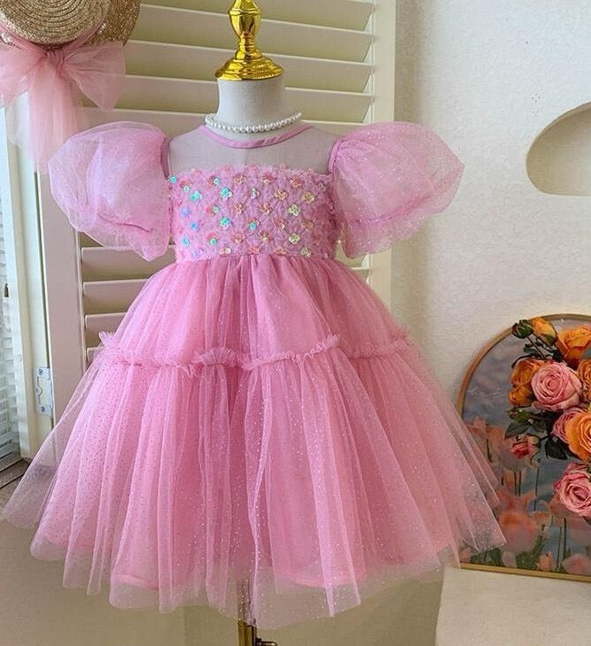 Vestido Infantil de Tul y Purpurina Rosa