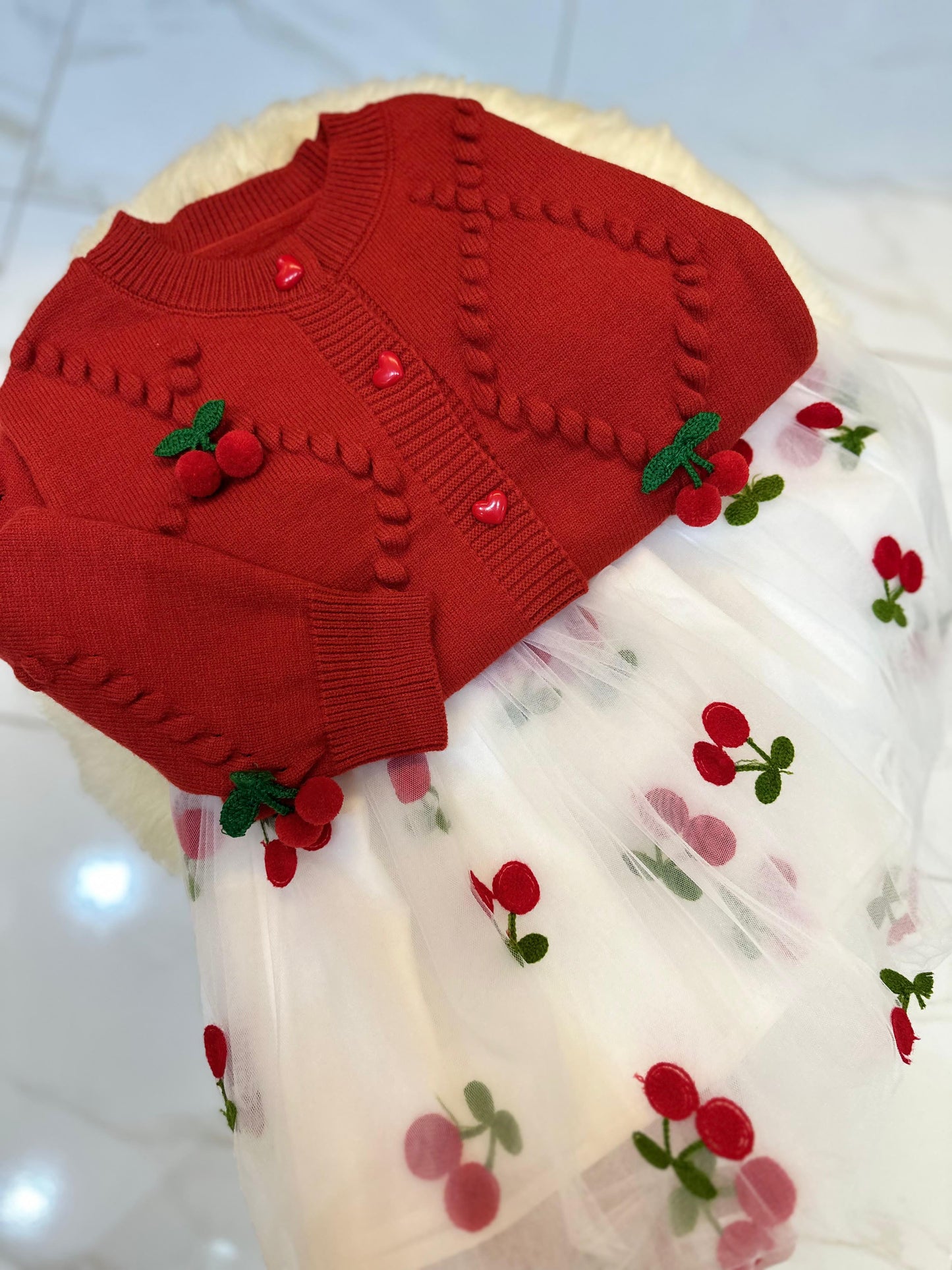Conjunto Infantil Cárdigan + Vestido Cerezas