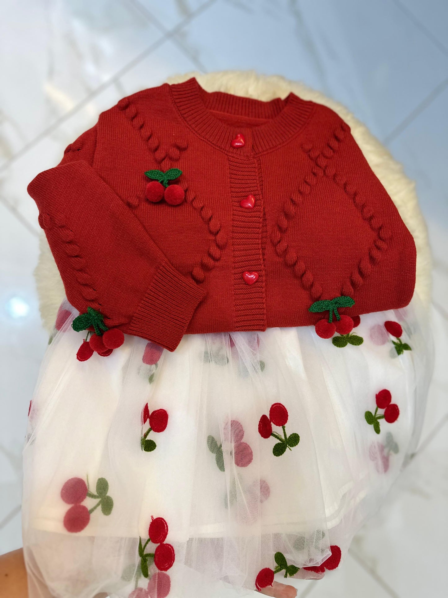 Conjunto Infantil Cárdigan + Vestido Cerezas
