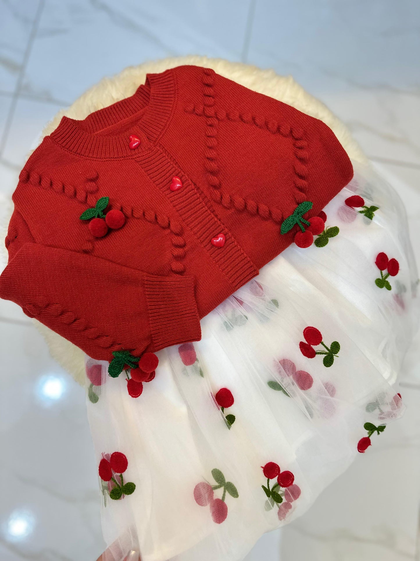 Conjunto Infantil Cárdigan + Vestido Cerezas