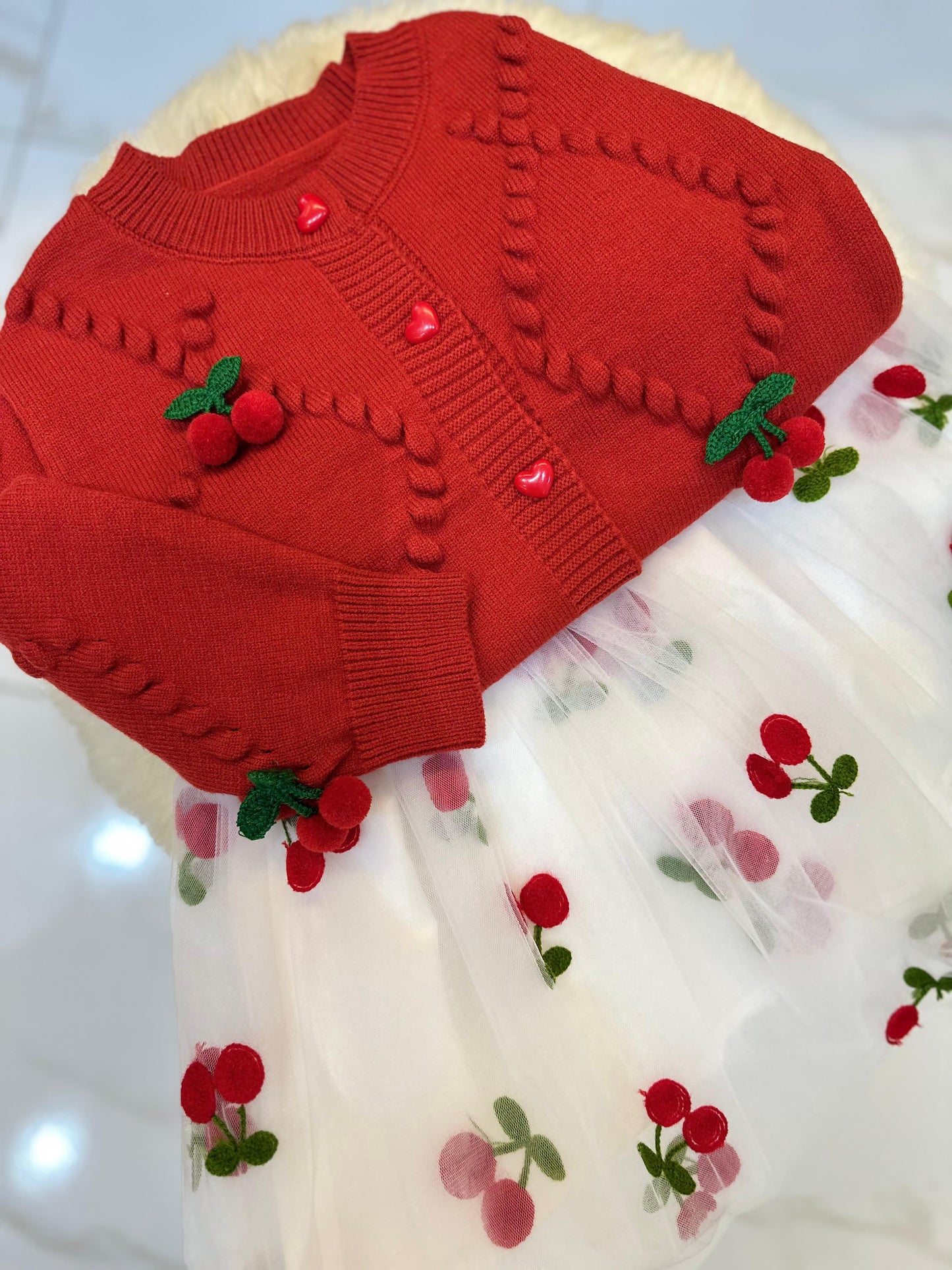 Conjunto Infantil Cárdigan + Vestido Cerezas