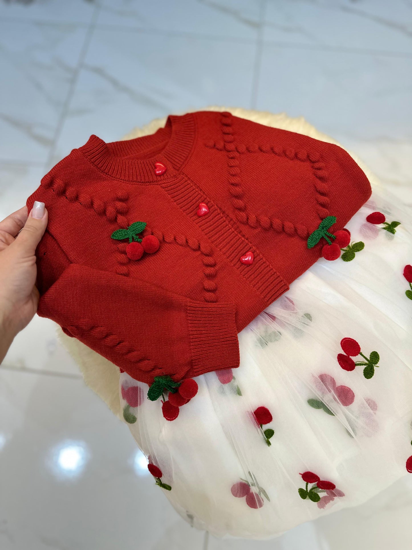 Conjunto Infantil Cárdigan + Vestido Cerezas