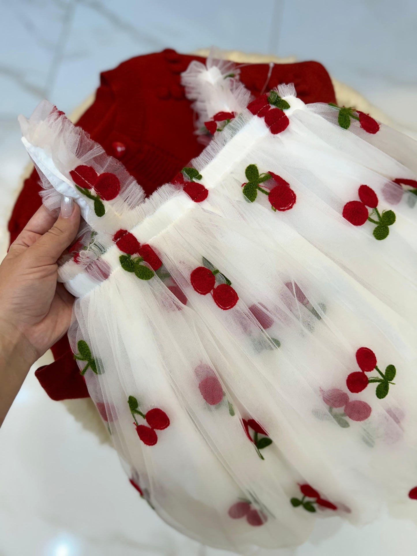 Conjunto Infantil Cárdigan + Vestido Cerezas