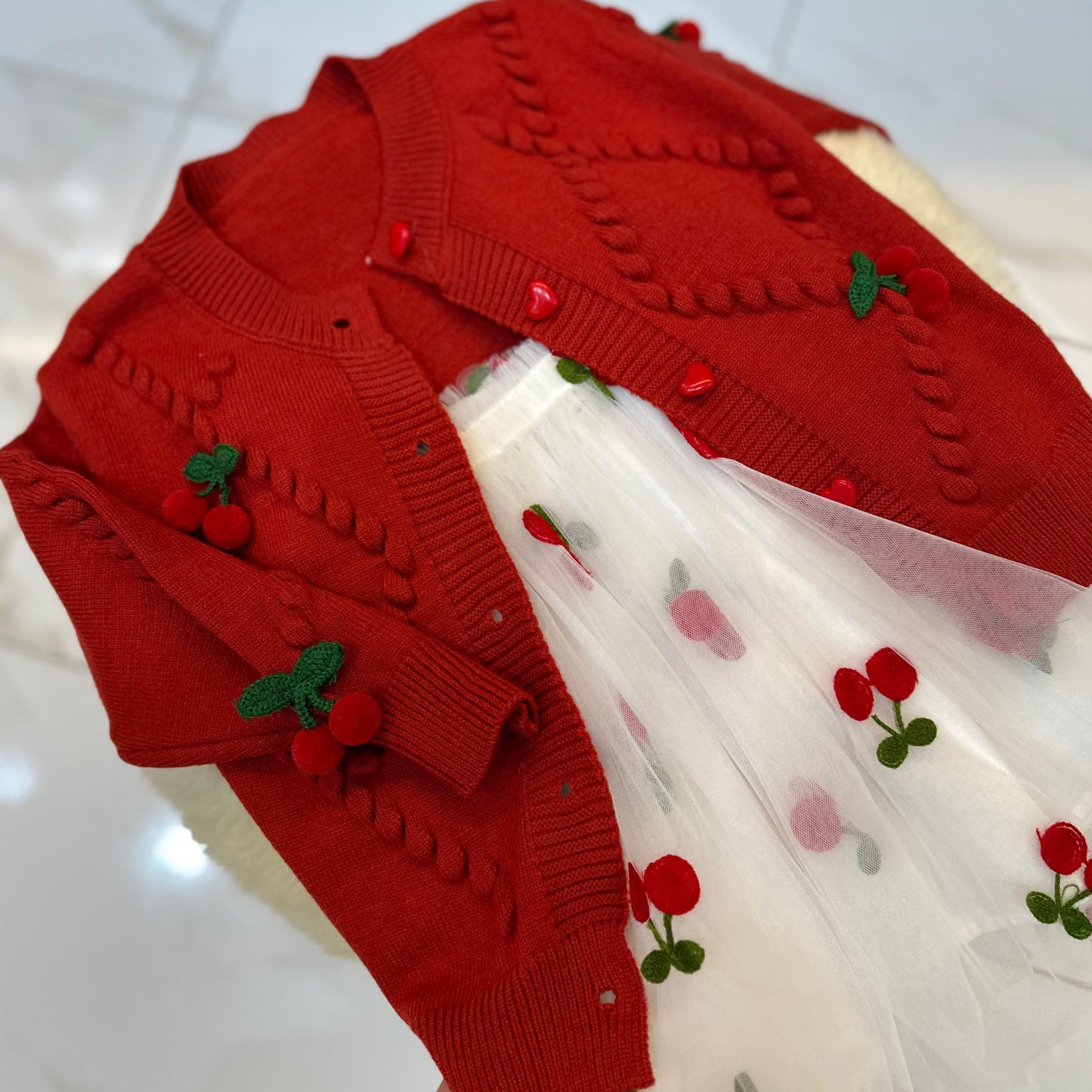 Conjunto Infantil Cárdigan + Vestido Cerezas