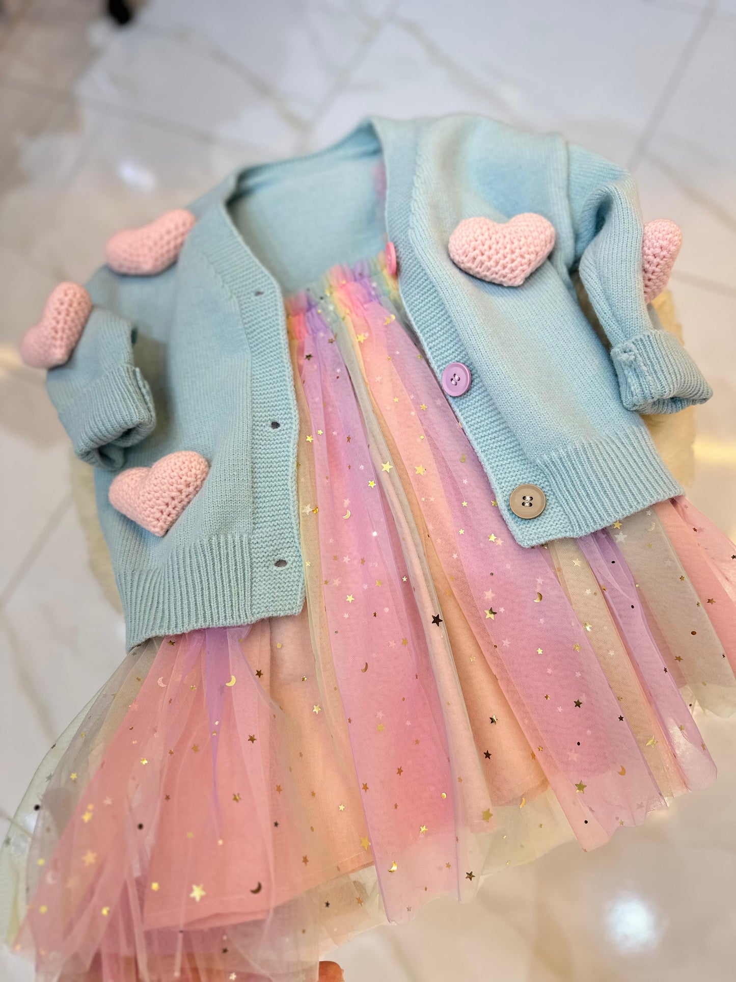 Conjunto Infantil Estrellitas + Cárdigan Corazón