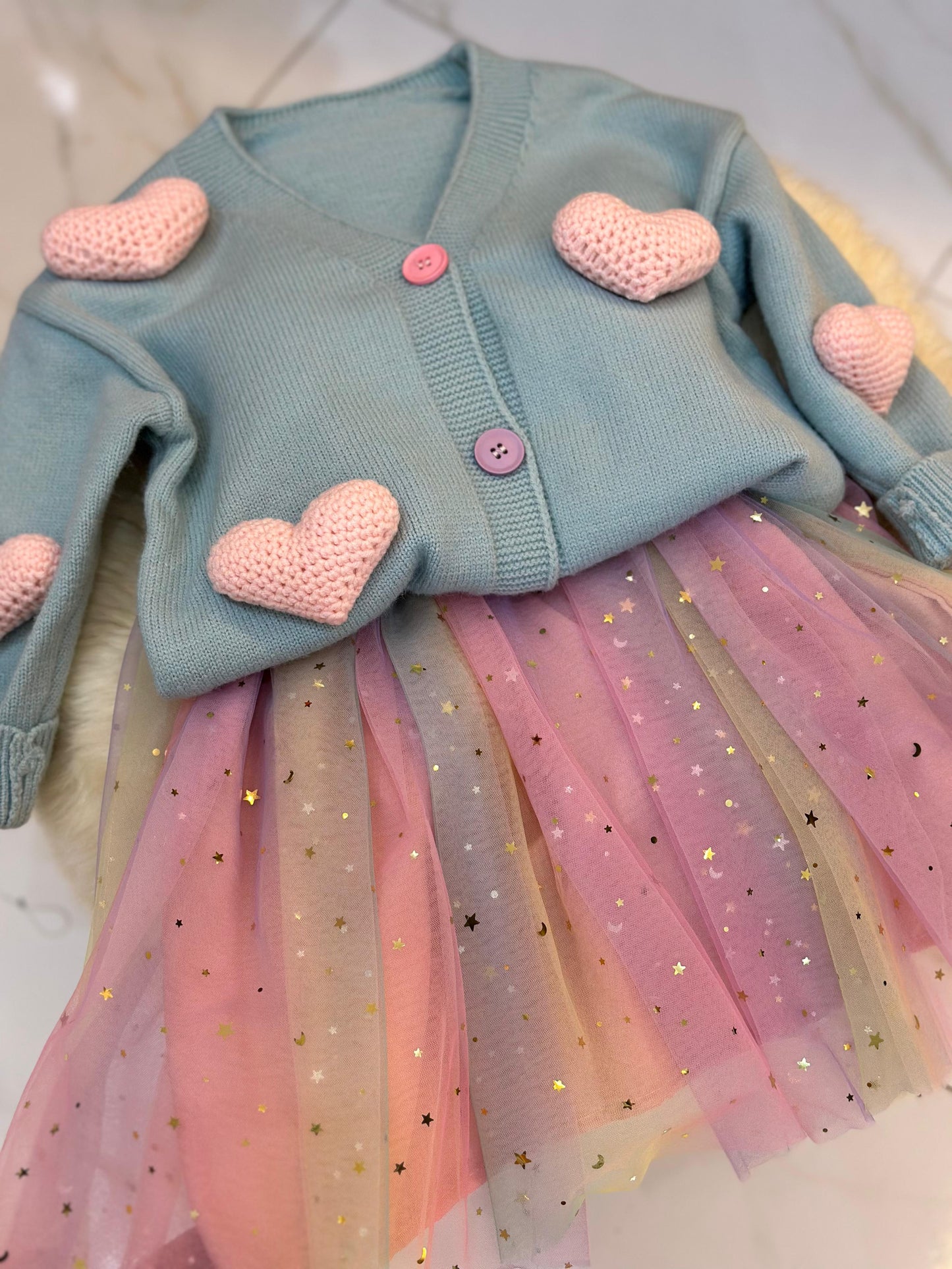 Conjunto Infantil Estrellitas + Cárdigan Corazón