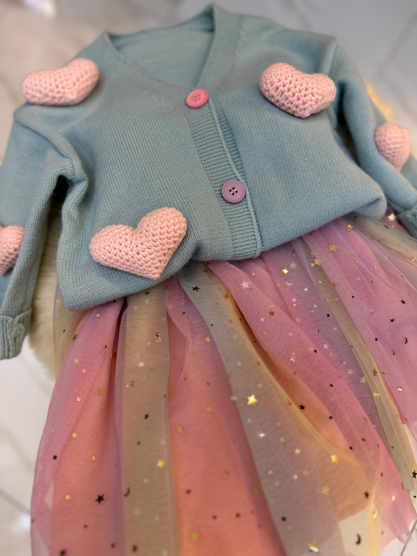 Conjunto Infantil Estrellitas + Cárdigan Corazón