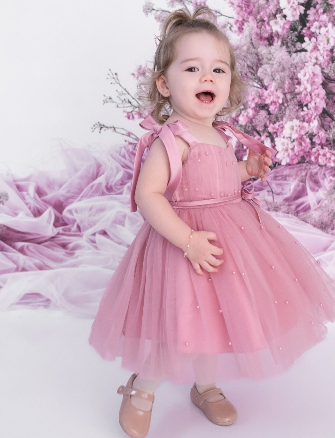 Vestido de Fiesta Infantil Cintas y Perlas