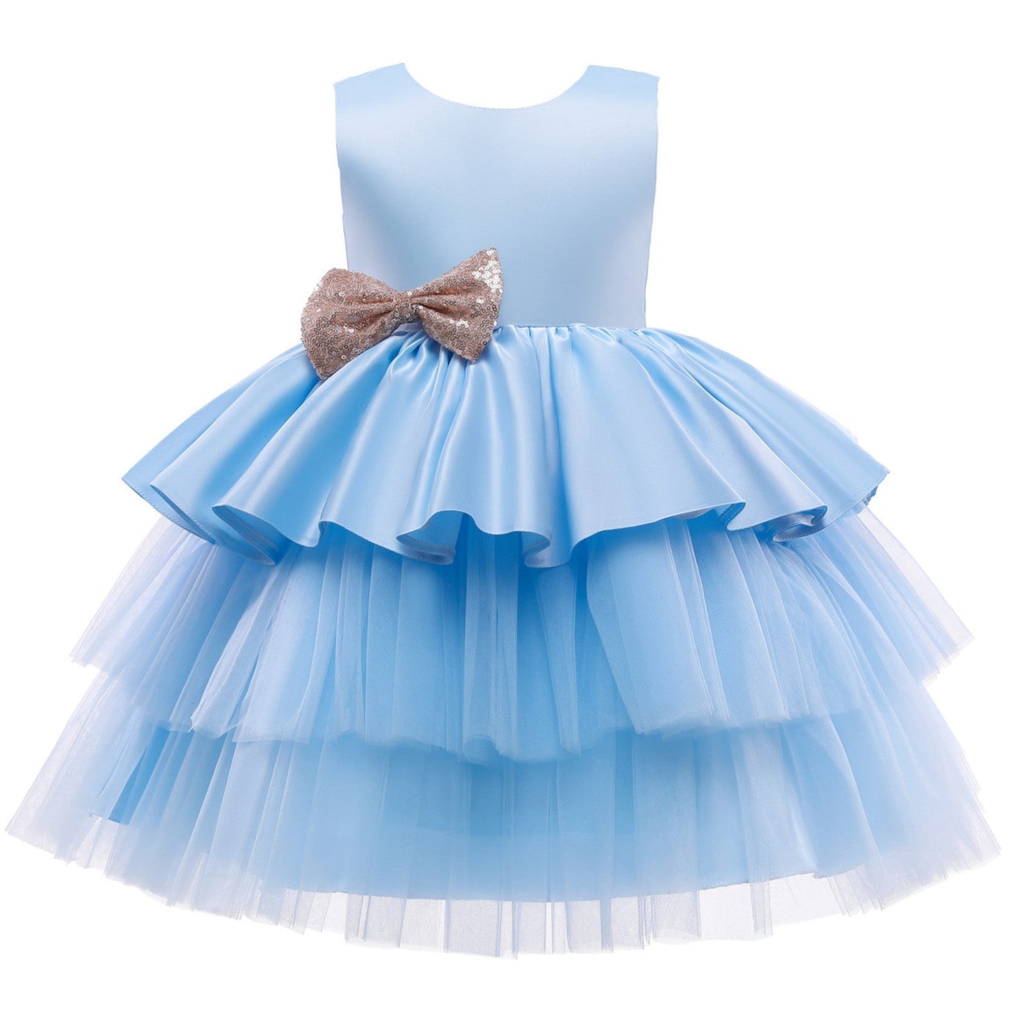 Vestido de Fiesta Infantil Volantes y Lazo Dorado