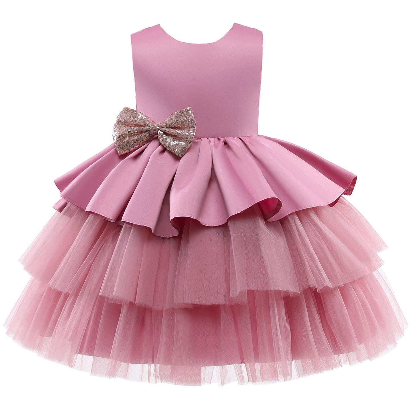 Vestido de Fiesta Infantil Volantes y Lazo Dorado