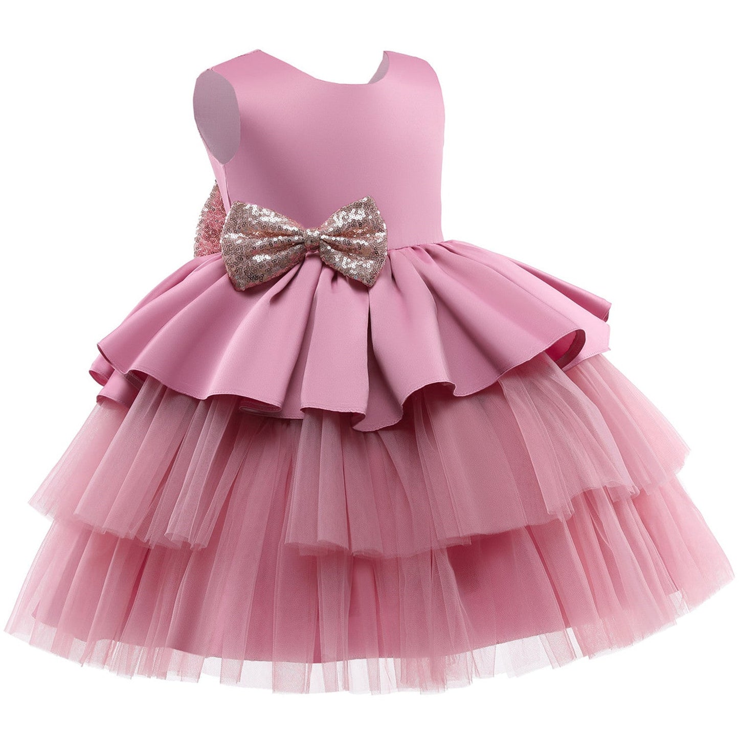 Vestido de Fiesta Infantil Volantes y Lazo Dorado