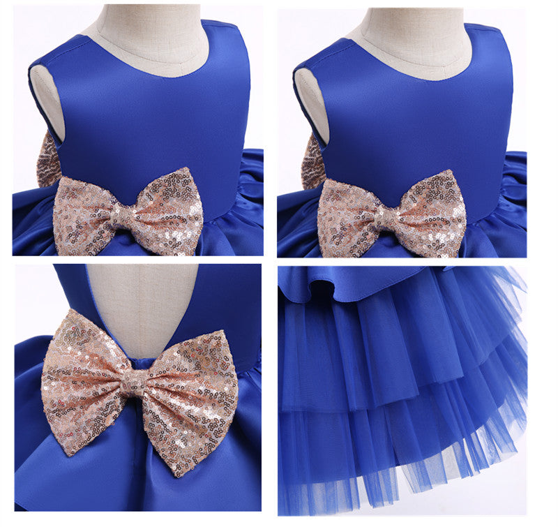 Vestido de Fiesta Infantil Volantes y Lazo Dorado