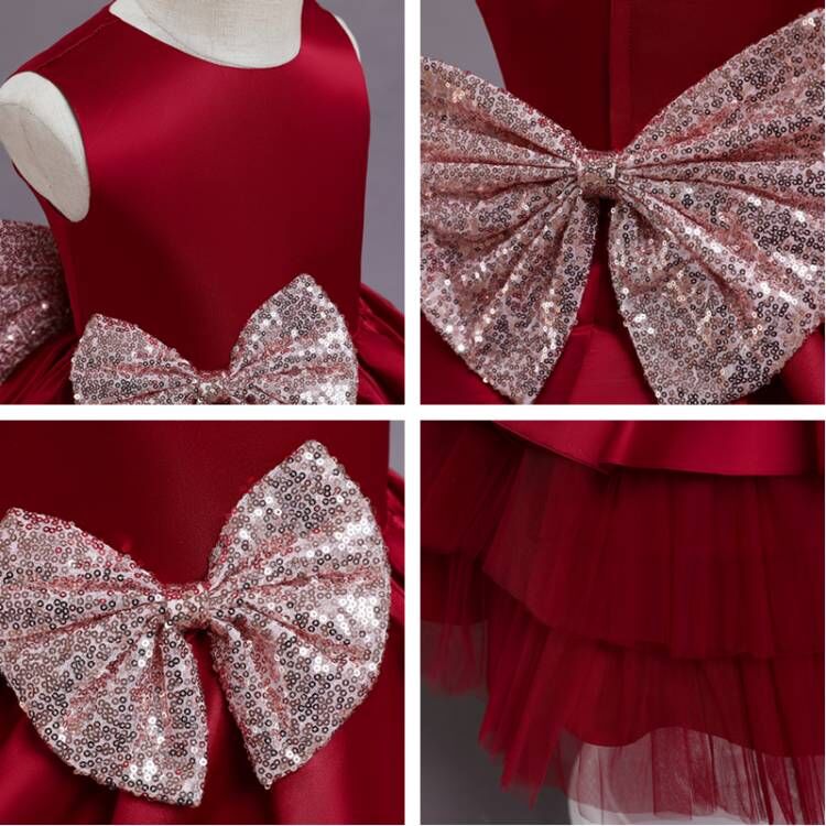 Vestido de Fiesta Infantil Volantes y Lazo Dorado