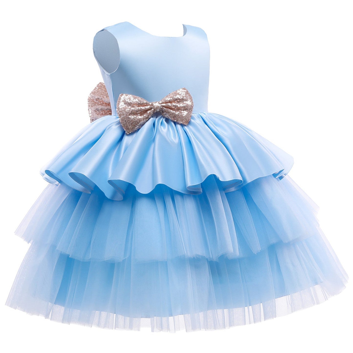 Vestido de Fiesta Infantil Volantes y Lazo Dorado