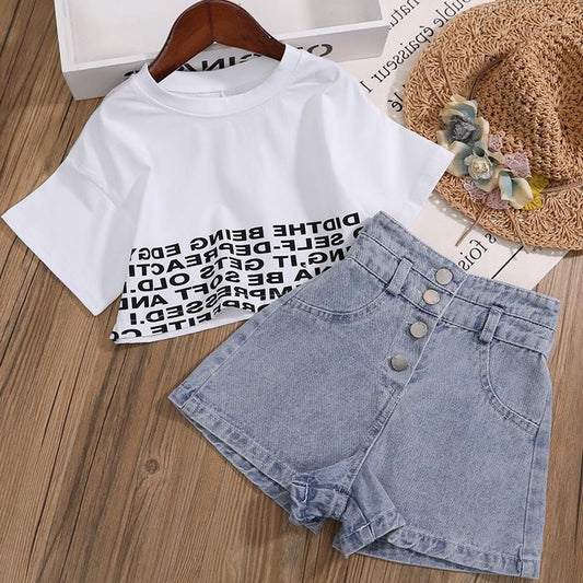 Conjunto Summer Crop Tops Camiseta + Short denim 2uds