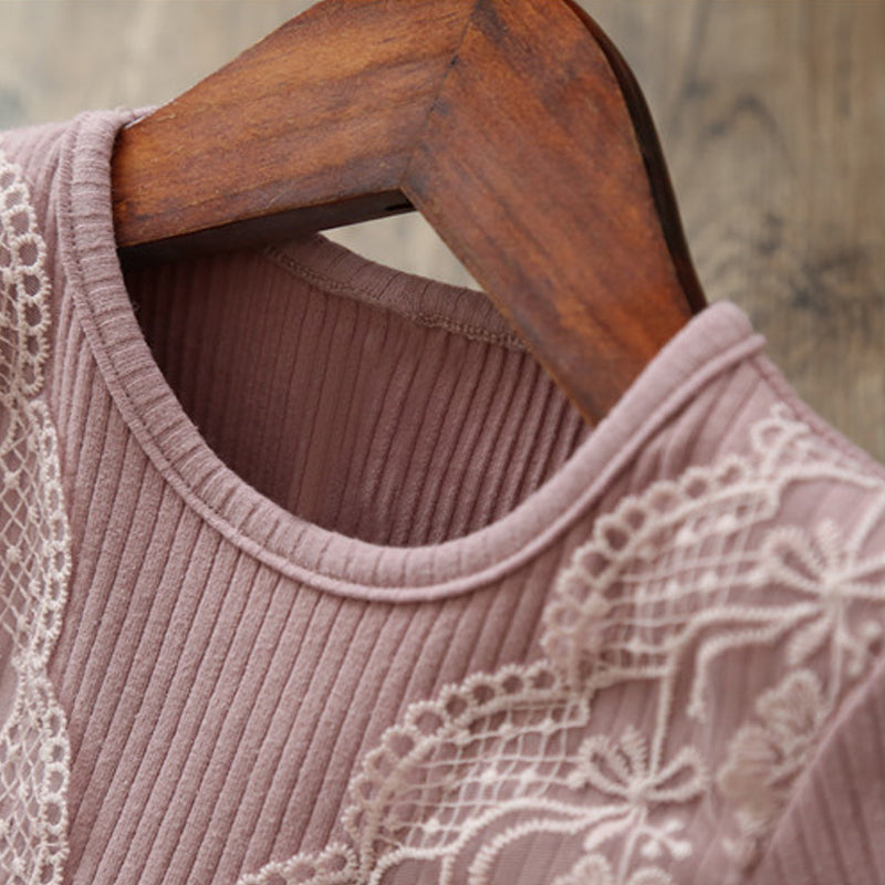 Vestido Infantil Beige Manga Larga Encaje y Tul