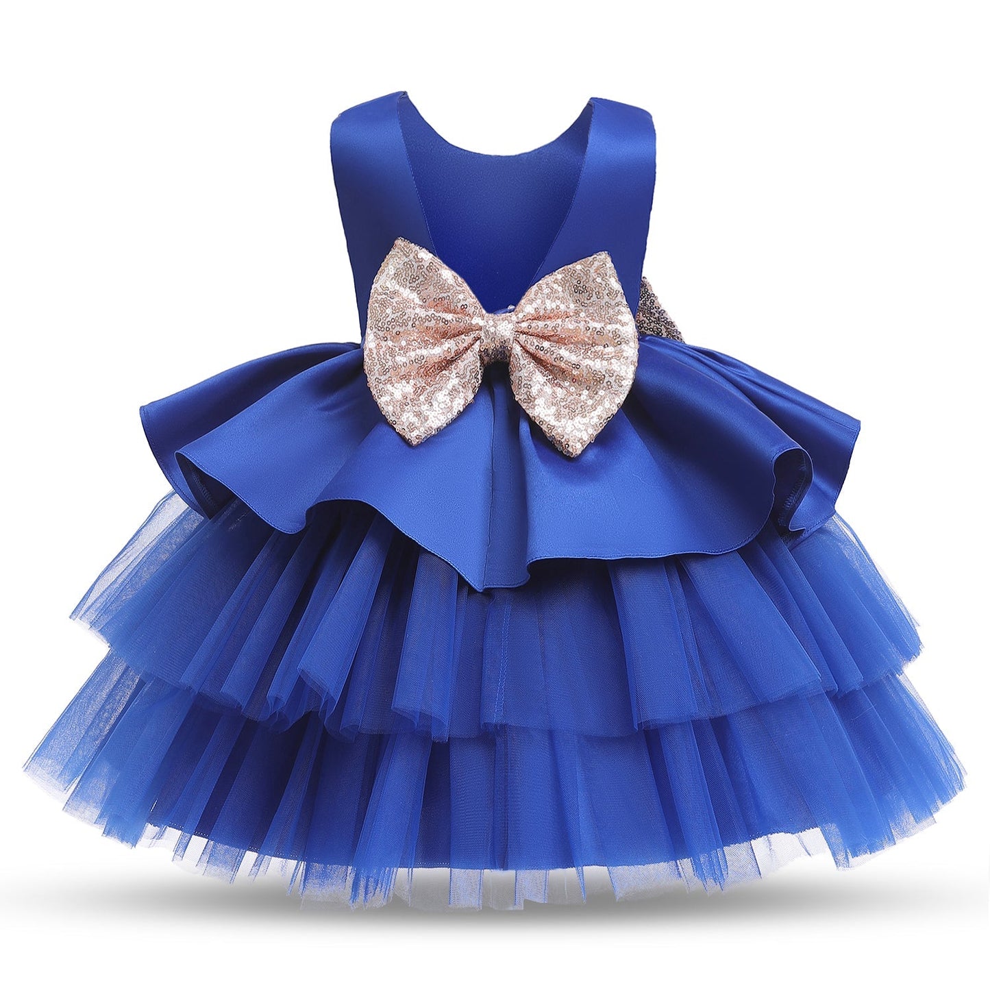 Vestido de Fiesta Infantil Volantes y Lazo Dorado