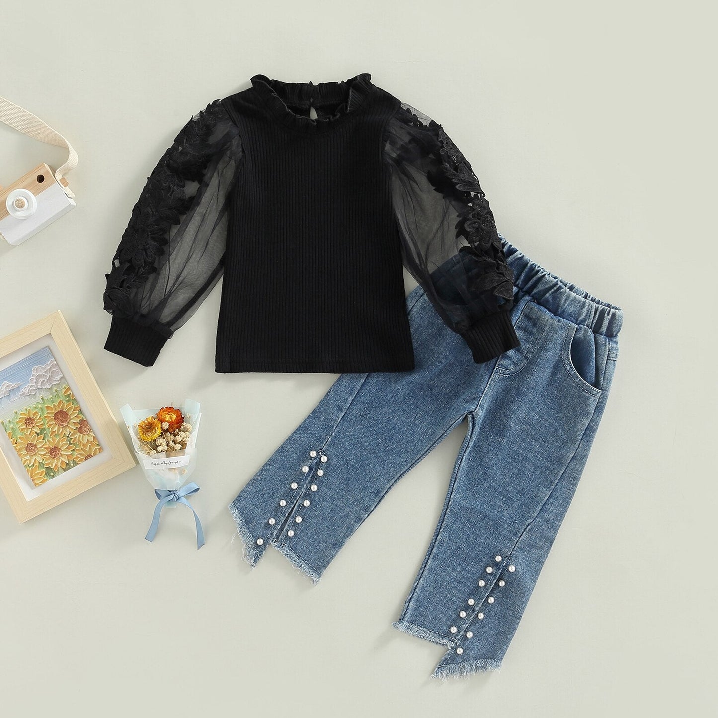 Conjunto de 2 piezas, pantalones vaqueros con abertura de flores y manga larga, pantalones con cuentas, traje de otoño