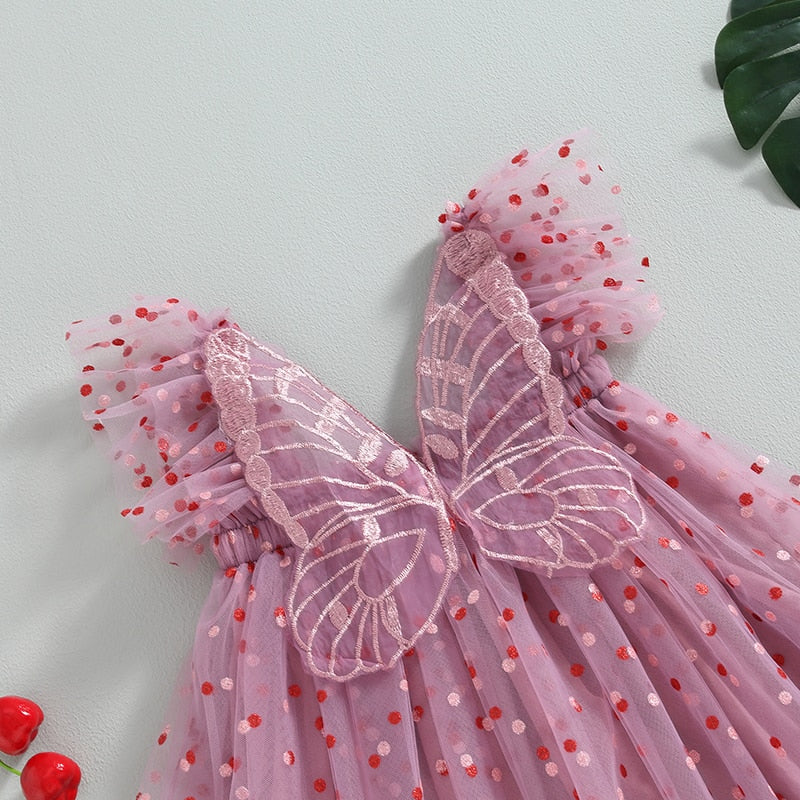 Vestido Manga Corta Estampado Lunares Decoración Mariposa Tul