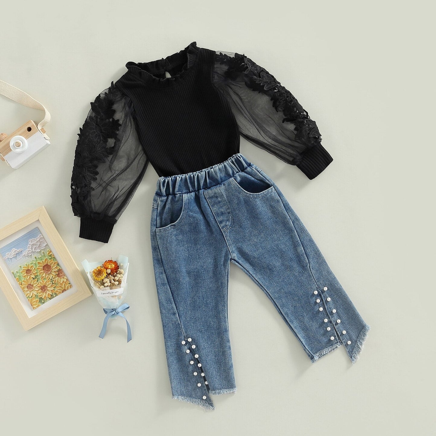 Conjunto de 2 piezas, pantalones vaqueros con abertura de flores y manga larga, pantalones con cuentas, traje de otoño