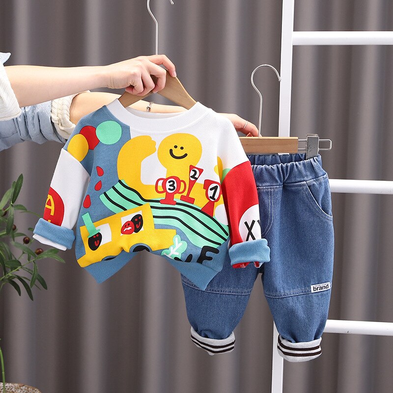 Conjunto de sudadera con jeans lavados con pulpo para niños de 2 piezas