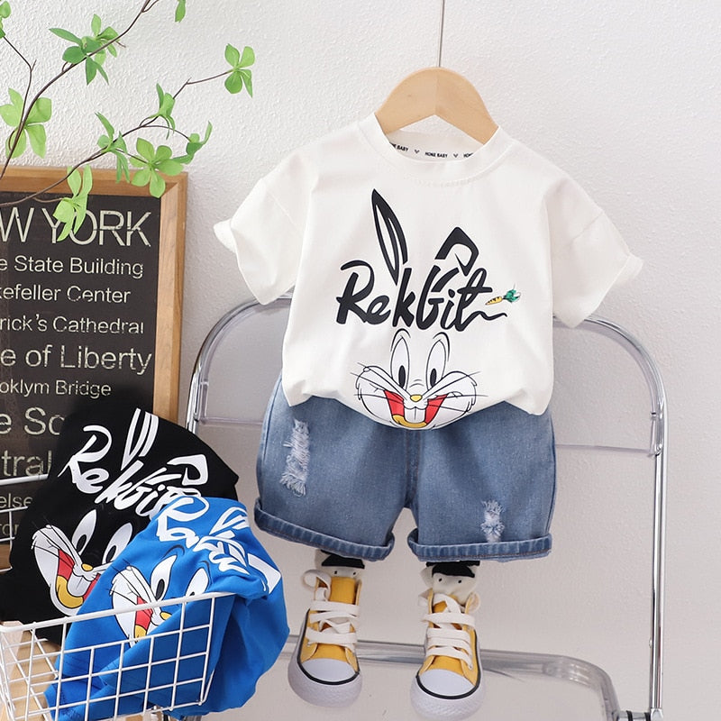 Conjunto Camiseta De Manga Corta Conejo De Dibujos Animados Pantalones Cortos De Mezclilla Con Agujeros