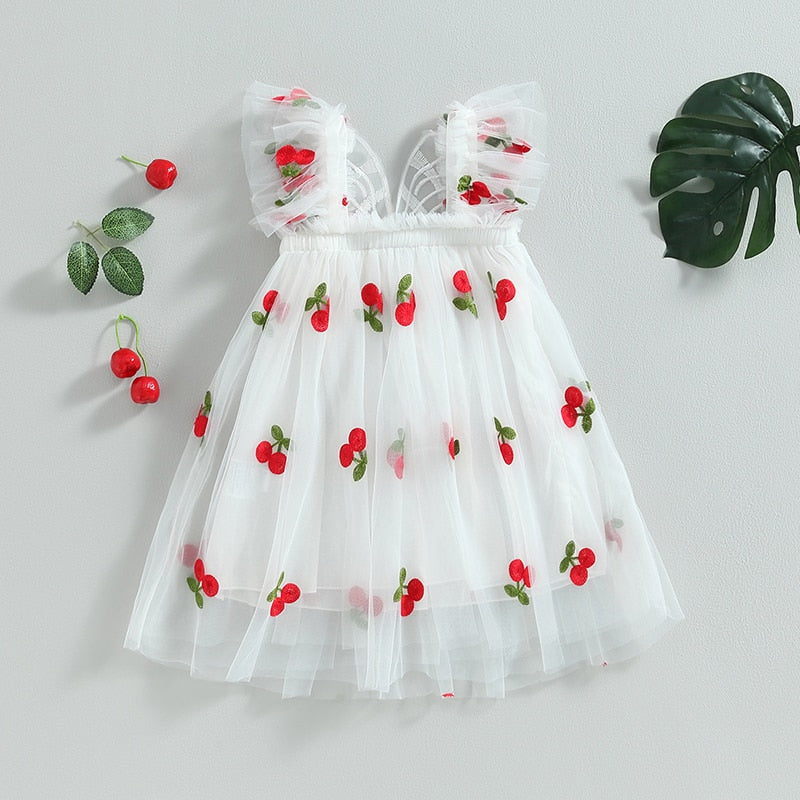Vestido de tul con estampado de cerezas Vestido de mariposa para niños pequeños