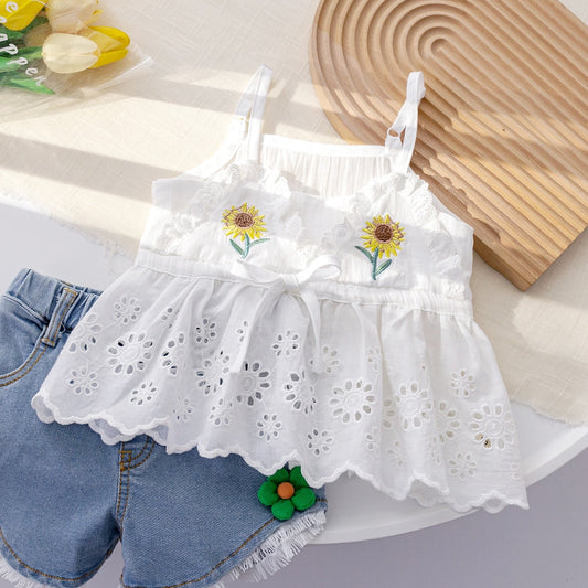 Conjunto de verano para niñas, Tops, tirantes bordados de encaje hueco de algodón